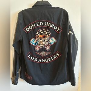 Vintage Don Ed Hardy Christian Audigier Skull Patch Button Up Shirt Size M